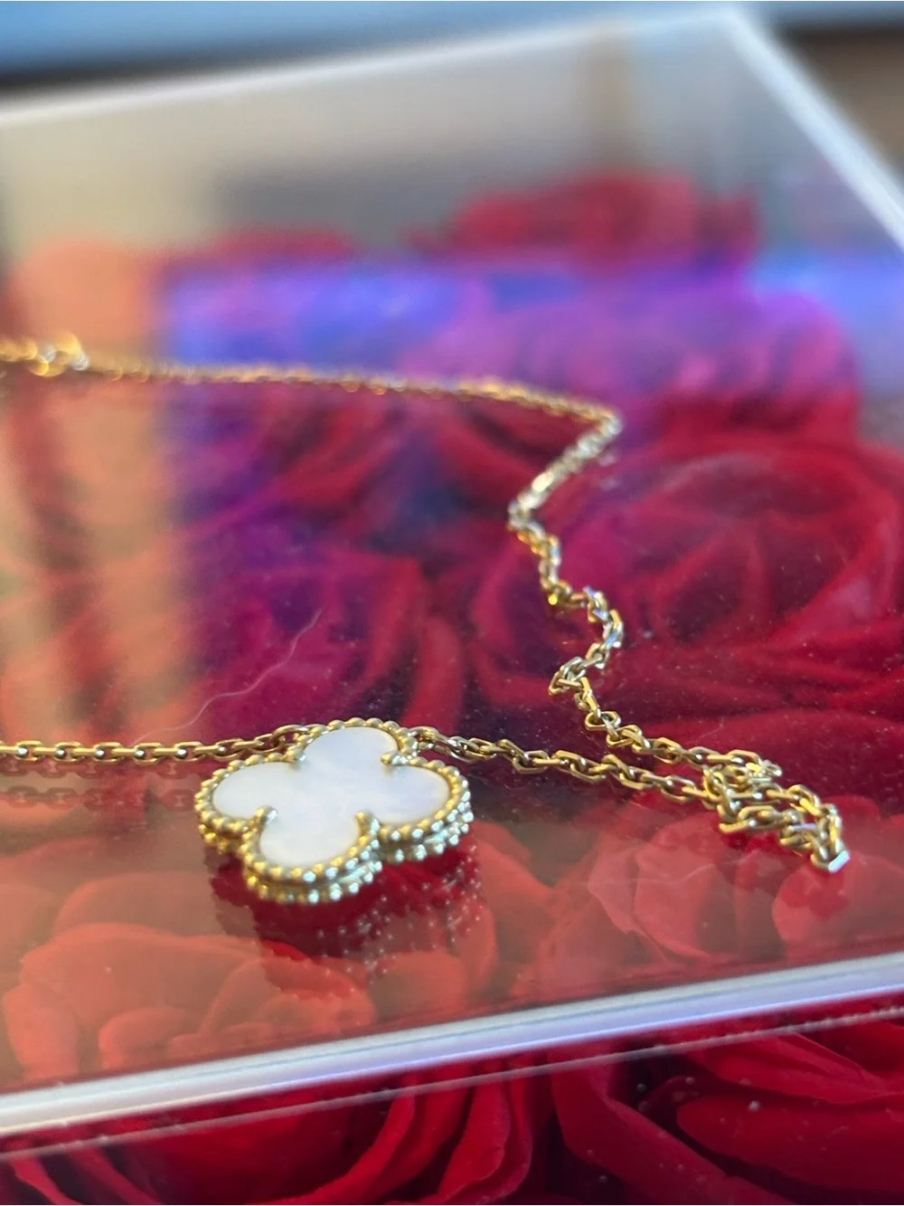 Van Cleef & Arpels Gold Necklace with White Mother-of-Pearl Clover